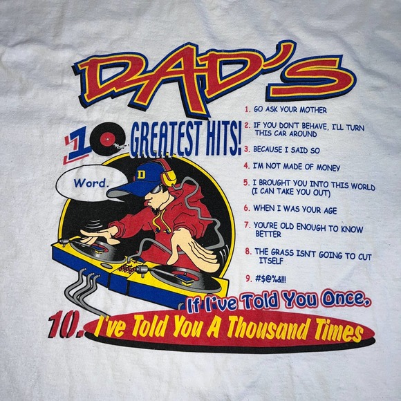 FUNNY DAD JOKE HUMOR GREATEST HITS WHITE GRAPHIC TEE SHIRT SZ MEDIUM - Picture 3 of 3